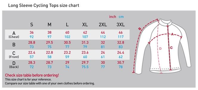 fixgear long sleeve cycling jerseys sizing chart